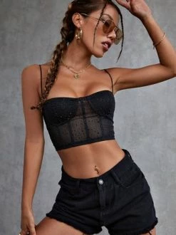 Kollyy Black Spaghetti Strap Mesh Party Top Tank Top & Cami -Tops Sales 7b5a3c5ae6a50ef5daf606e37dfdac64