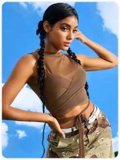 Kollyy Edgy Brown Mesh Tie Up Double Layer Top Tank Top & Cami