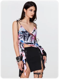 Kollyy Punk White Lace Up Graffiti Asymmetrical Design Halloween Top -Tops Sales 7c864818a5e2000073fe18695880003f