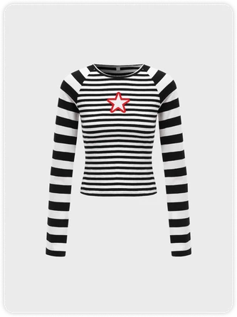 Kollyy Y2K Black-White Striped Star Top T-Shirt 1 Kollyy Y2K Black-White Striped Star Top T-Shirt