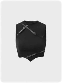 Kollyy Y2K Black Deconstructed Leather Top Tank Top & Cami