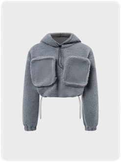 Kollyy Y2k Gray Sherpa Pockets Drawstring Top Hoodie & Sweatshirt