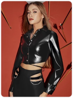 Kollyy Punk Black Leather Low Waist Top Outwear -Tops Sales 8130d4ac6e4bd3aeeb564f94887d8401