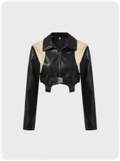 Kollyy Street Black Tchwork Pu Cyberpunk Top Outwear