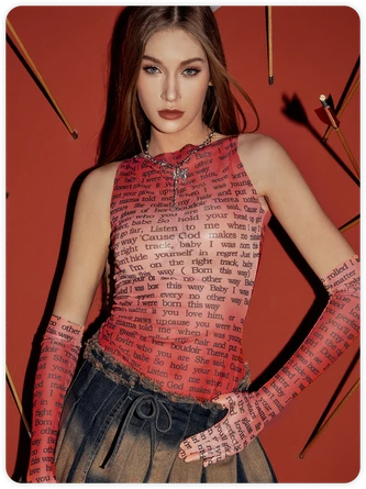 Kollyy Y2K Khaki Mesh Letter Arm Sleeves Party Top Women Top 2 Kollyy Y2K Khaki Mesh Letter Arm Sleeves Party Top Women Top - Image 2