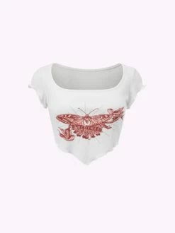 Kollyy Y2K White Butterfly Square Neck Top T-Shirt