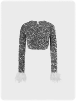 Kollyy Edgy Silver Feather Sequins Embellished Top T-Shirt -Tops Sales 8a63e842277b24956ea2b484f049b8f8