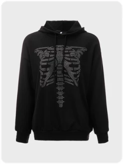 Kollyy Punk Black Skull Hotfix Rhinestone Halloween Top Hoodie & Sweatshirt