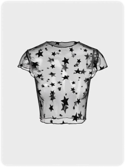 Kollyy Y2K Black Mesh Star Party Top T-Shirt