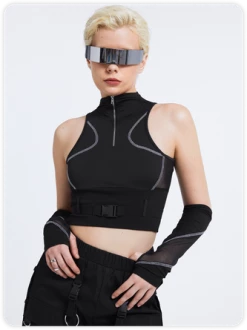 Kollyy Street Black Color Block Patchwork Mesh Top Women Top