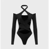 Kollyy Y2k Black Cut Out Crossed Collar Cold Shoulder Top Bodysuit