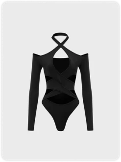 Kollyy Y2k Black Cut Out Crossed Collar Cold Shoulder Top Bodysuit