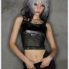 Kollyy Punk Black Mesh Pu Patchwork Halloween Top Tank Top & Cami