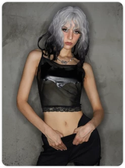 Kollyy Punk Black Mesh Pu Patchwork Halloween Top Tank Top & Cami
