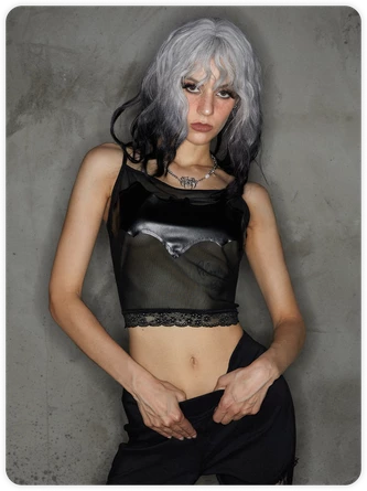 Kollyy Punk Black Mesh Pu Patchwork Halloween Top Tank Top & Cami 1 Kollyy Punk Black Mesh Pu Patchwork Halloween Top Tank Top & Cami