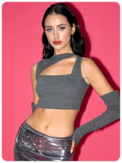 Kollyy Edgy Deep Gray Cut Out Asymmetrical Design Top T-Shirt