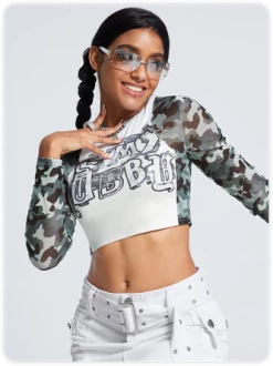 Kollyy Street White Mesh Patchwork Camo Top T-Shirt