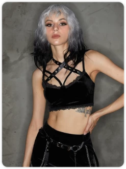 Kollyy Punk Black Tie Up Halloween Top Tank Top & Cami
