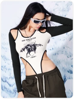 Kollyy Sports White Hoodie Vintage Print Top Bodysuit