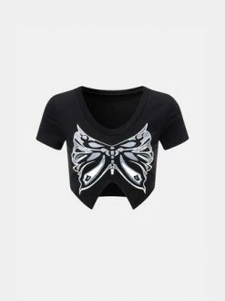 Kollyy Fashion Black Butterfly V-Neck Top T-Shirt