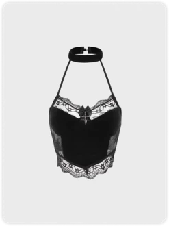 Kollyy Black Halter Lace Trim Halloween Top Tank Top & Cami