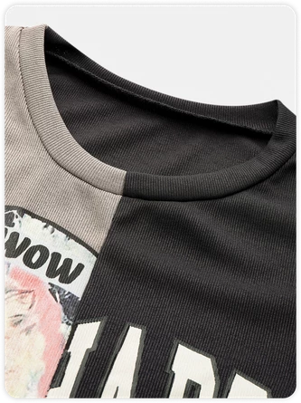 Kollyy Street Deep Gray Letter Patchwork Color Block Top T-Shirt 2 Kollyy Street Deep Gray Letter Patchwork Color Block Top T-Shirt - Image 2