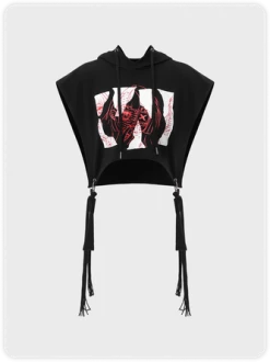 Kollyy Punk Black Graphic Hooded Metal Top Hoodie & Sweatshirt