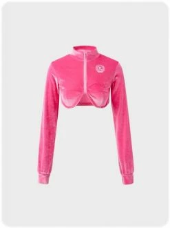 Kollyy Fashion Pink Velvet Zipper Top Hoodie & Sweatshirt