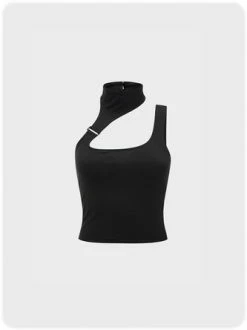 Kollyy Street Black Asymmetrical Design Metal Top Tank Top & Cami