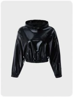 Kollyy Street Black Pu Hooded Top Hoodie & Sweatshirt