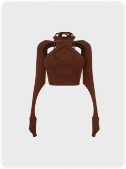 Kollyy Red Brown Lace-Up Design Cut Out Top T-Shirt