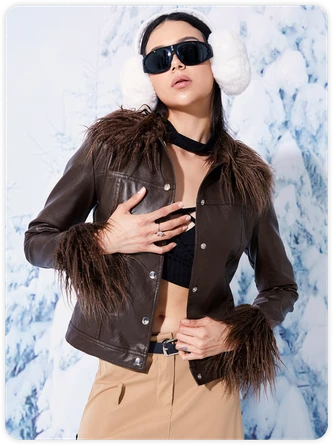 Kollyy Y2k Brown Feather Top Outwear 1 Kollyy Y2k Brown Feather Top Outwear