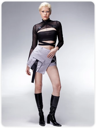 Kollyy Punk Black Mesh Tie Up Buckle Top Women Top 4 Kollyy Punk Black Mesh Tie Up Buckle Top Women Top - Image 4