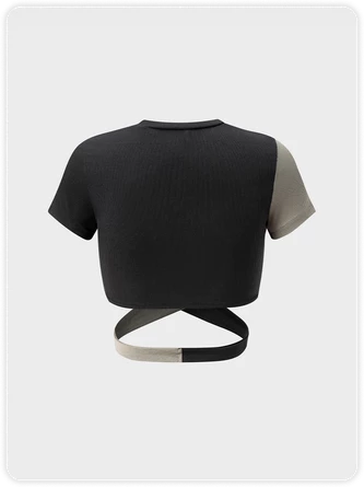 Kollyy Street Deep Gray Letter Patchwork Color Block Top T-Shirt 4 Kollyy Street Deep Gray Letter Patchwork Color Block Top T-Shirt - Image 4