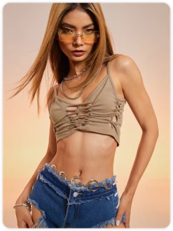 Kollyy Street Coffee Cut Out Tie Up Top Tank Top & Cami