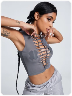 Kollyy Y2K Gray Mesh Cut Out Tie Front Top Tank Top & Cami