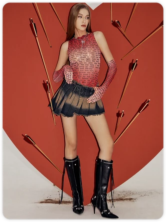 Kollyy Y2K Khaki Mesh Letter Arm Sleeves Party Top Women Top 4 Kollyy Y2K Khaki Mesh Letter Arm Sleeves Party Top Women Top - Image 4