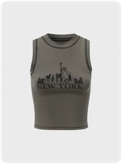 Kollyy Street Green City Printed Letter Top Tank Top & Cami