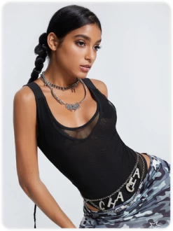 Kollyy Y2K Black Mesh Double Layer Top Bodysuit