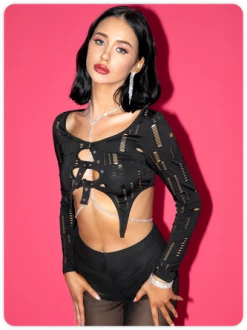 Kollyy Street Black Ripped Irregular Hem Party Top Women Top