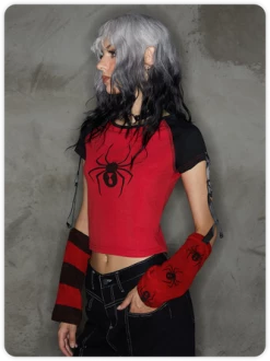 Kollyy Y2K Red Arm Slevees Asymmetrical Design Halloween Top T-Shirt -Tops Sales a5f92392e30868a63a0330c26170b3f1