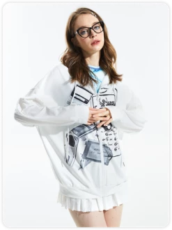 Kollyy Y2K White Abstract Oversized Back To School Top Hoodie & Sweatshirt