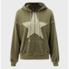 Kollyy Y2K Khaki Star Hooded Zip Up Top Hoodie & Sweatshirt