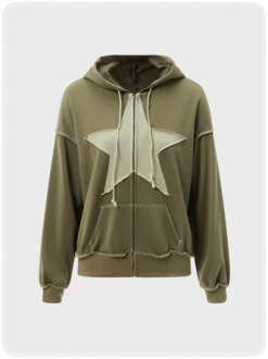 Kollyy Y2K Khaki Star Hooded Zip Up Top Hoodie & Sweatshirt