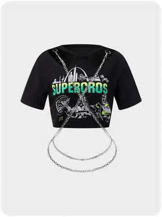 Kollyy Street Black Graphic Metal Chain Cut Out Top T-Shirt 1 Kollyy Street Black Graphic Metal Chain Cut Out Top T-Shirt