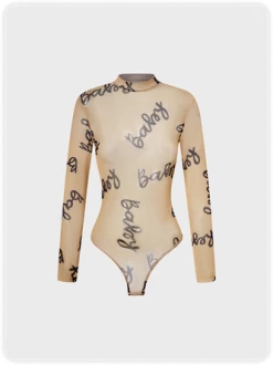 Kollyy Edgy Khaki Text Letters Mesh Top Bodysuit