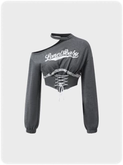 Kollyy Y2K Gray Cut Out Lace Up Inside-Out Top Hoodie & Sweatshirt