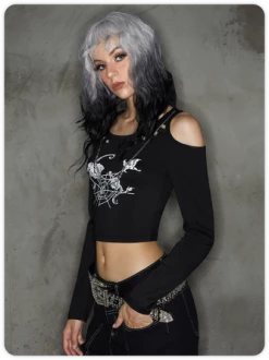 Kollyy Punk Black Graphic Metal Chain Cold Shoulder Halloween Top T-Shirt -Tops Sales a990fc40543eaad6ba86040c7b48f09c