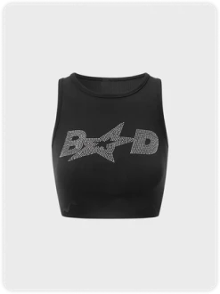 Kollyy Y2K Black Letter Hotfix Rhinestone Top Tank Top & Cami