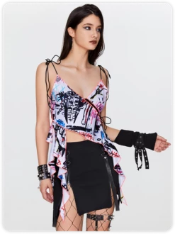 Kollyy Punk White Lace Up Graffiti Asymmetrical Design Halloween Top -Tops Sales abaca67b10247b17bda9e9a07c723acf